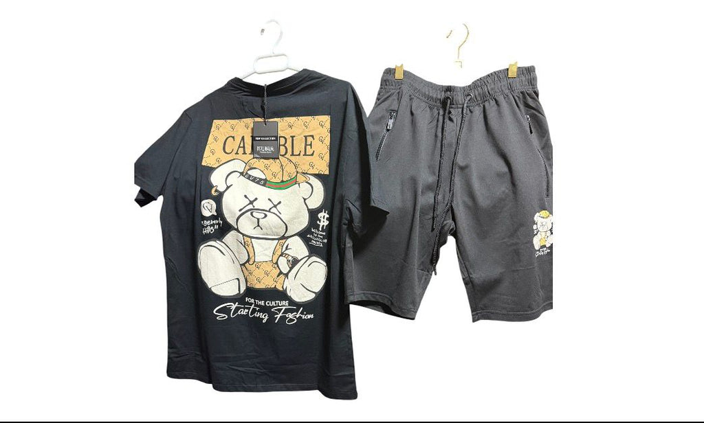 Conjunto Urbano de Camiseta y Shorts Oso Streetwear Negro